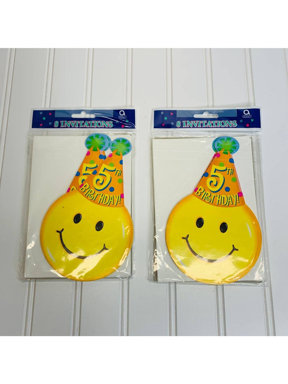 5th Birthday Invitations x 16 NIP Smiley face Party Hat Yellow